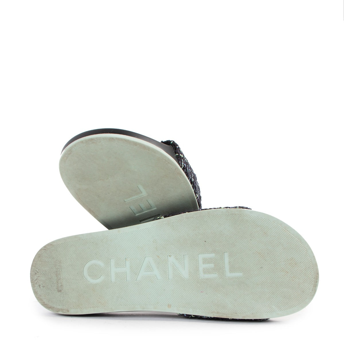 Chanel 17s Spring/Summer 2017 Black And Green Tweed Camellia CC Slides