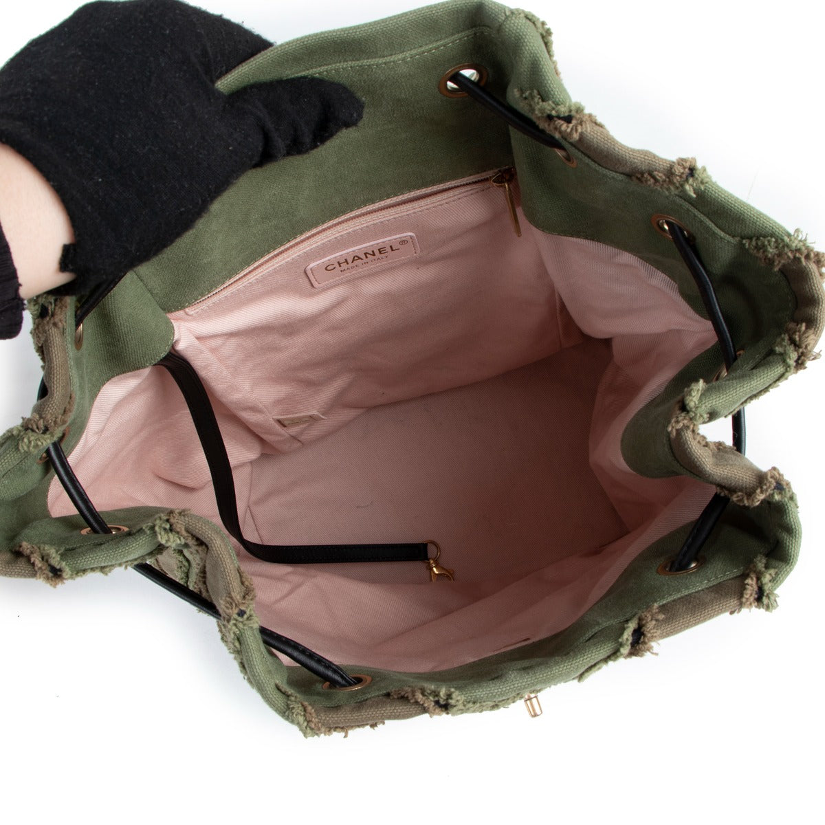 authentic second hand Chanel 17C Cruise 2017 Cuba Green Chevron Patchwork Canvas Backpack at Labellov