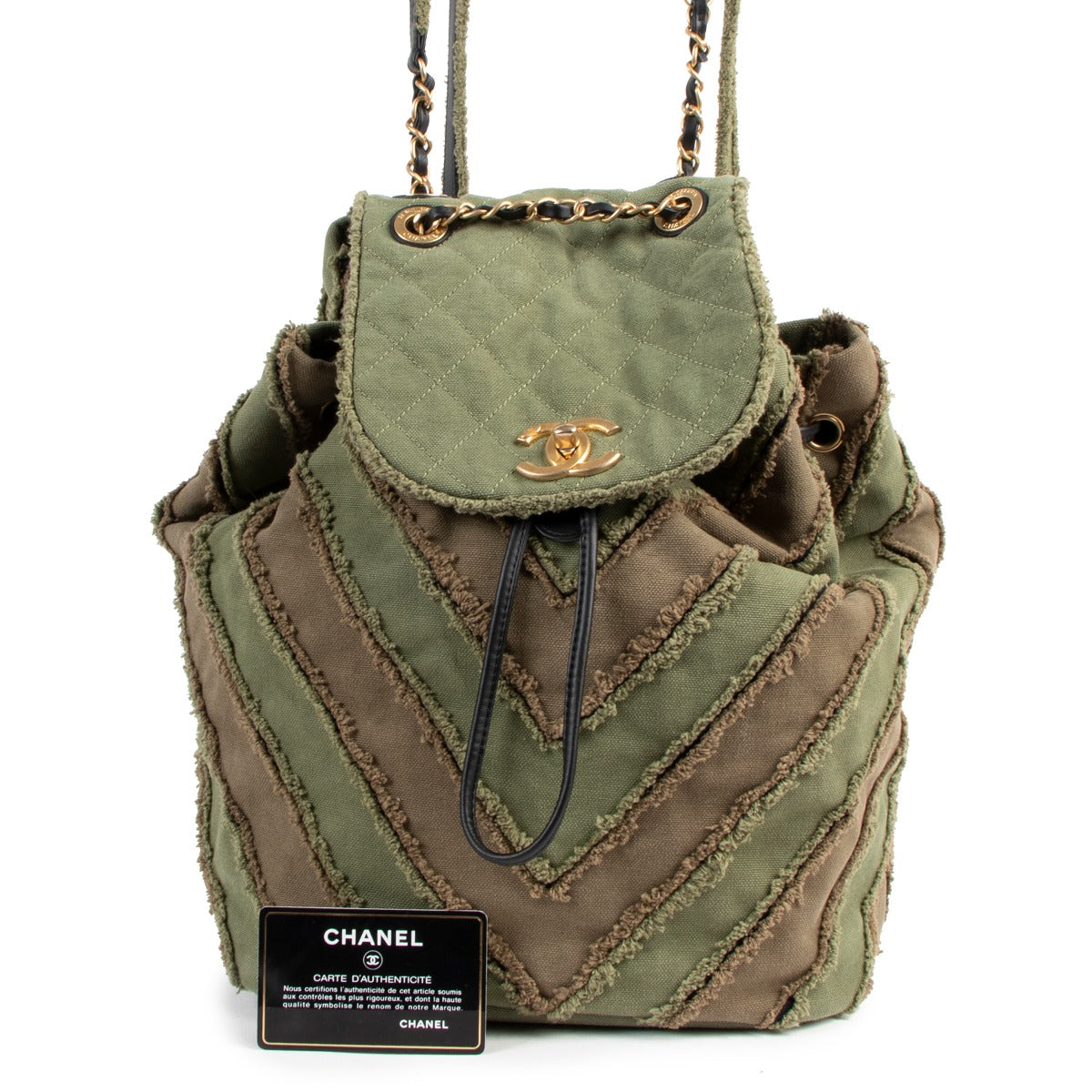 authentic second hand Chanel 17C Cruise 2017 Cuba Green Chevron Patchwork Canvas Backpack at Labellov