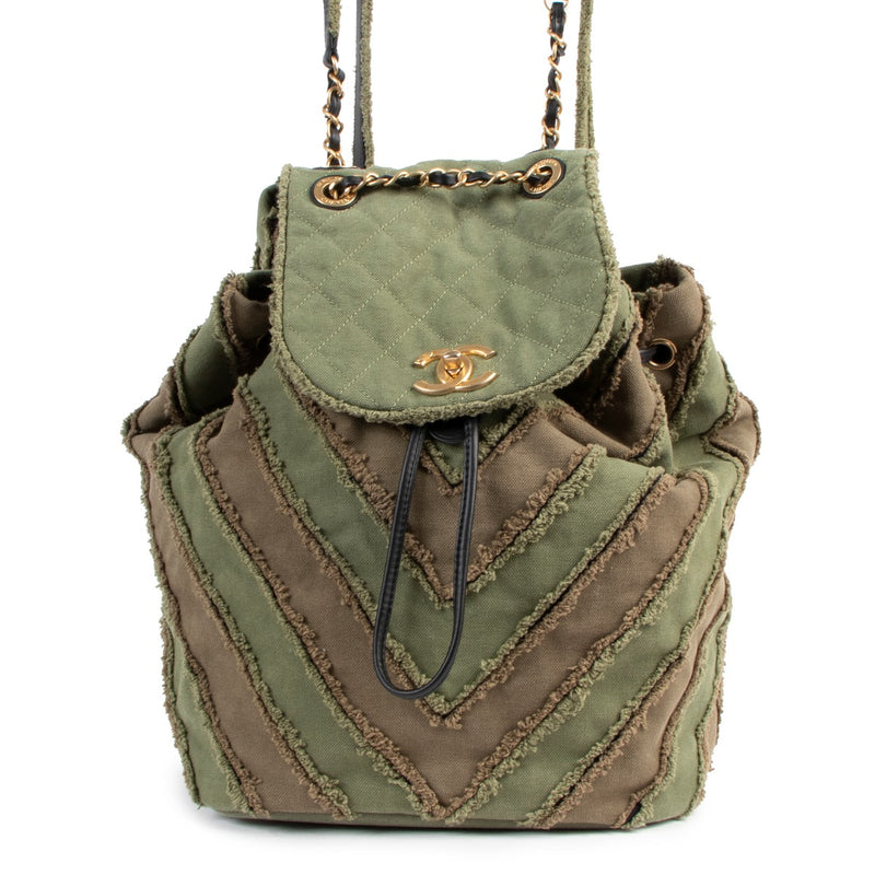 authentic second hand Chanel 17C Cruise 2017 Cuba Green Chevron Patchwork Canvas Backpack at Labellov