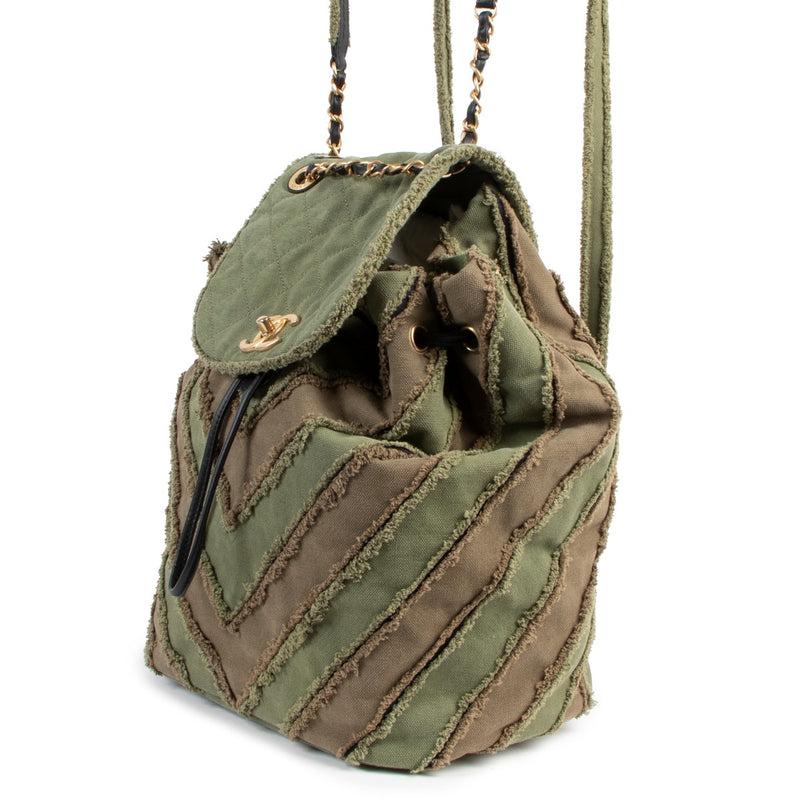 authentic second hand Chanel 17C Cruise 2017 Cuba Green Chevron Patchwork Canvas Backpack at Labellov