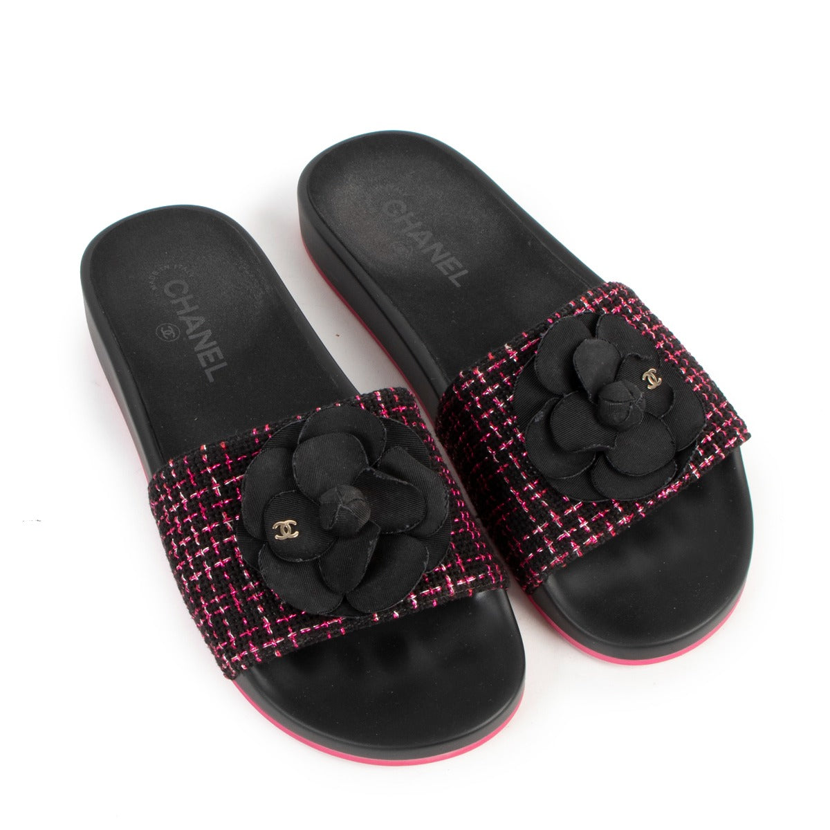 Chanel Spring/Summer 2017 Black And Pink Tweed Camellia CC Slides