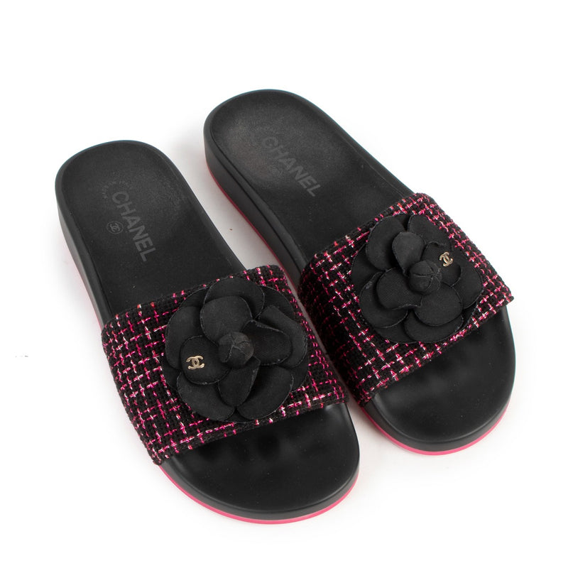 Chanel Spring/Summer 2017 Black And Pink Tweed Camellia CC Slides