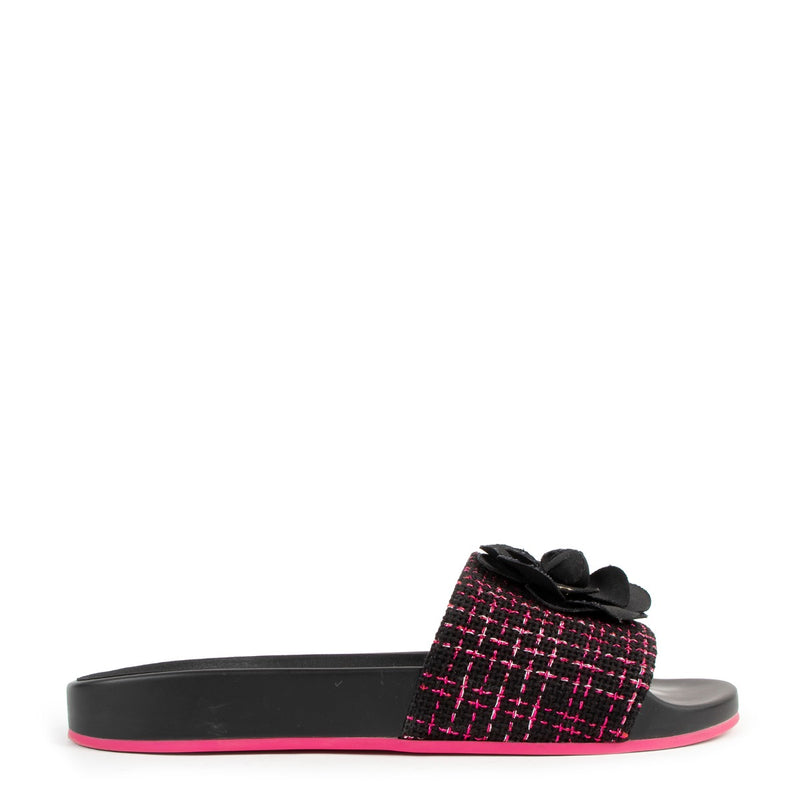 Chanel Spring/Summer 2017 Black And Pink Tweed Camellia CC Slides