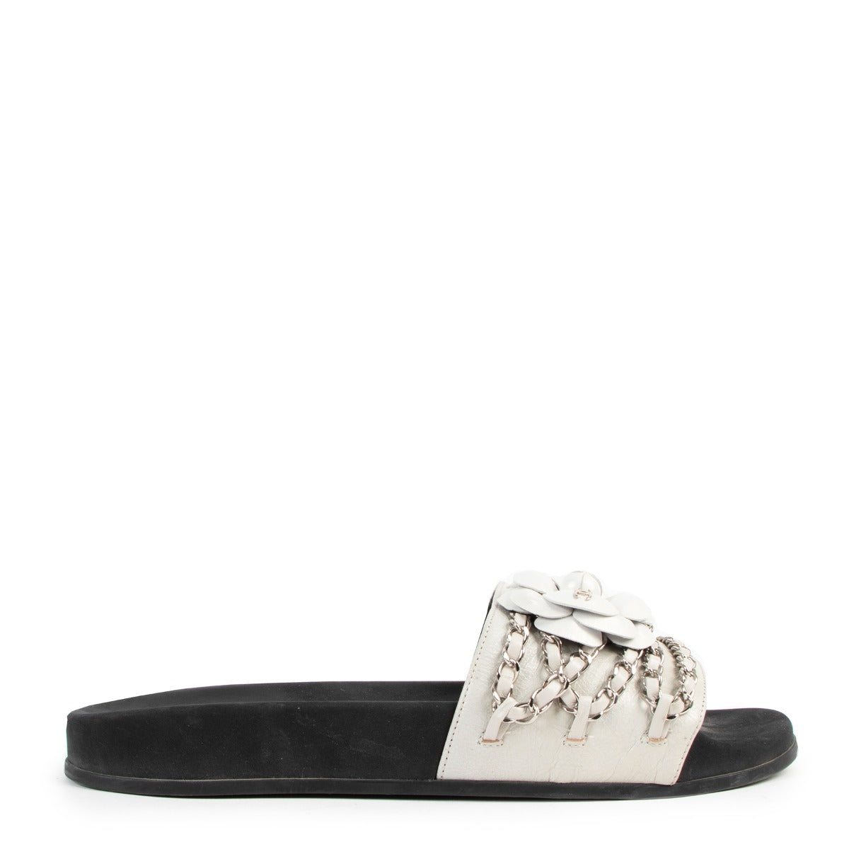 Chanel White Leather Tropiconic Camellia Chain Slides
