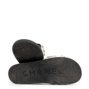Chanel White Leather Tropiconic Camellia Chain Slides