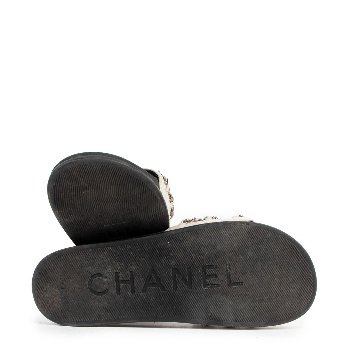 Chanel White Leather Tropiconic Camellia Chain Slides