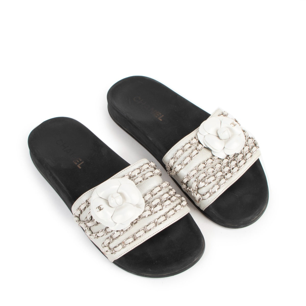Chanel White Leather Tropiconic Camellia Chain Slides