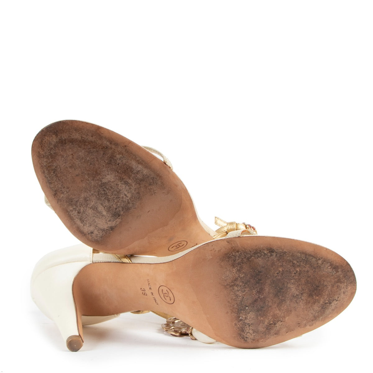 Chanel Beige Jeweled Pearl Pendant Sandals