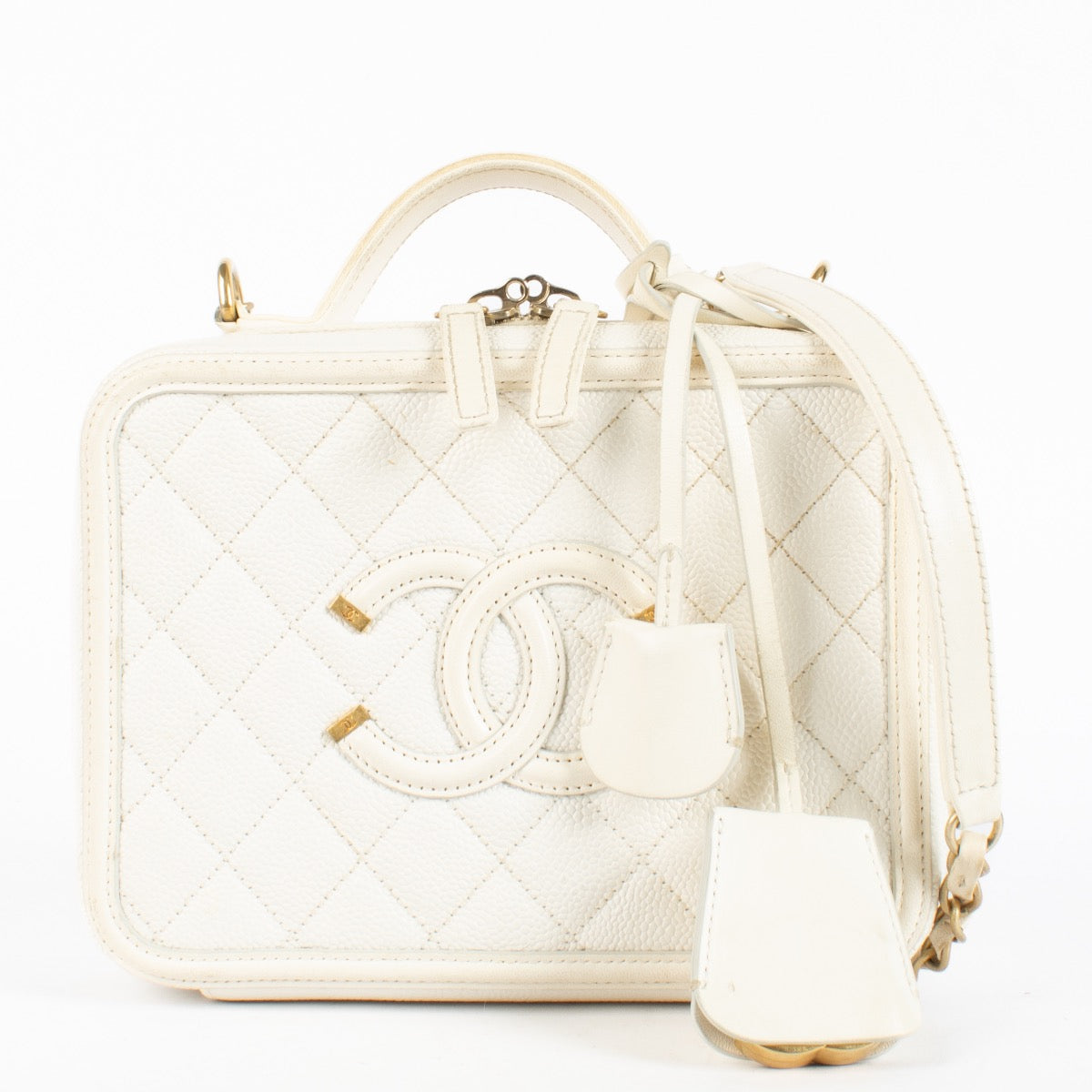 Authentic Preloved Chanel CC Filigree Matelasse Beige Caviar Vanity Case Bag on Labellov.com