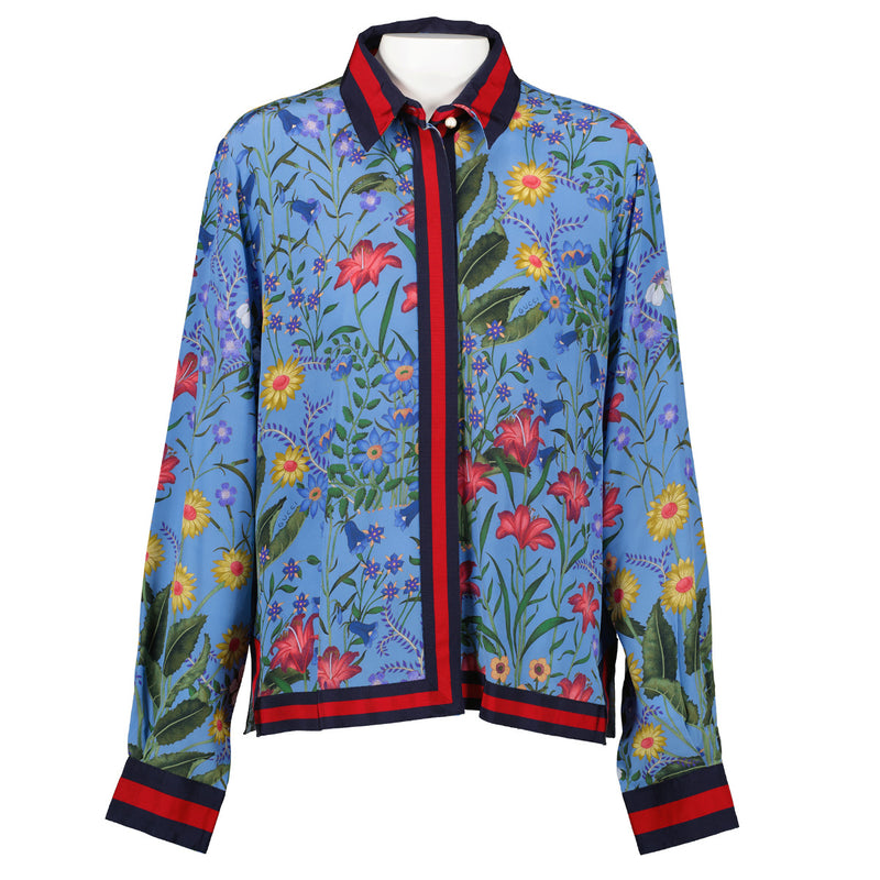 Gucci Blue Floral Print Web Silk Pyjama Set