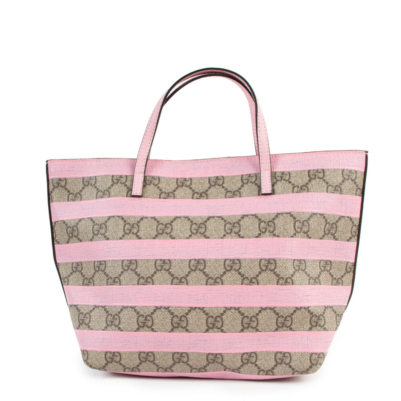 Buy online an authentic second hand Gucci Pink Striped GG Supreme Top Handel Bag in very good condition at Labellov in Antwerp.