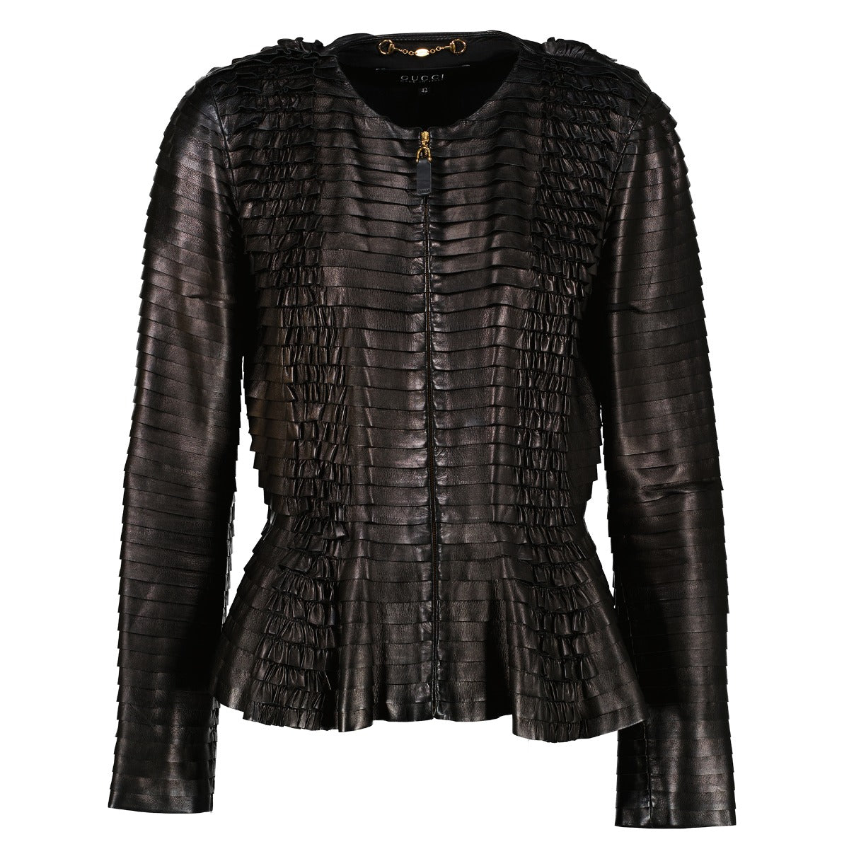 Gucci Black Leather Ruffle Jacket