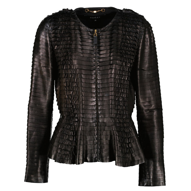 Gucci Black Leather Ruffle Jacket