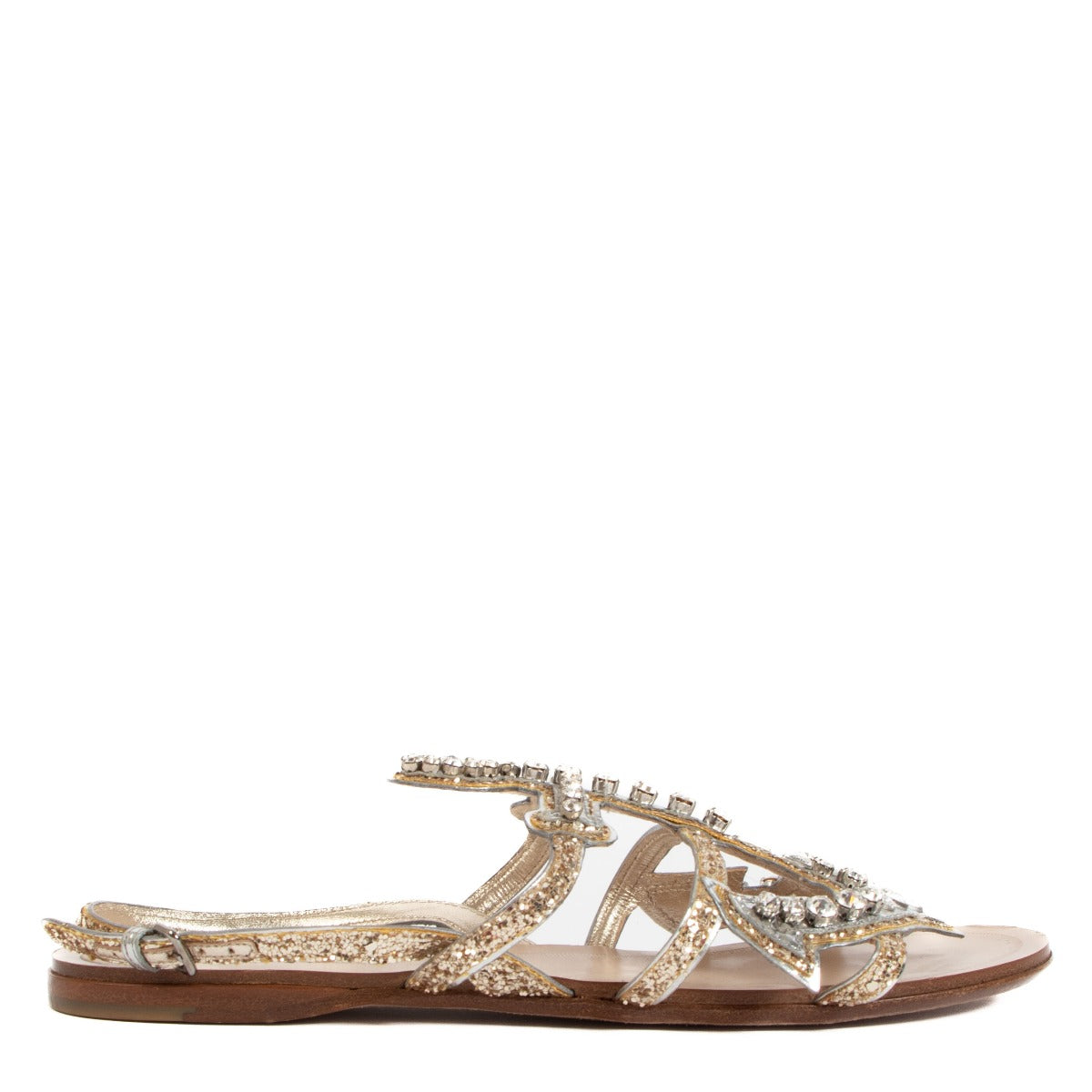 Miu Miu Gold/Silver Crystal Embellished Leather Flat Sandals