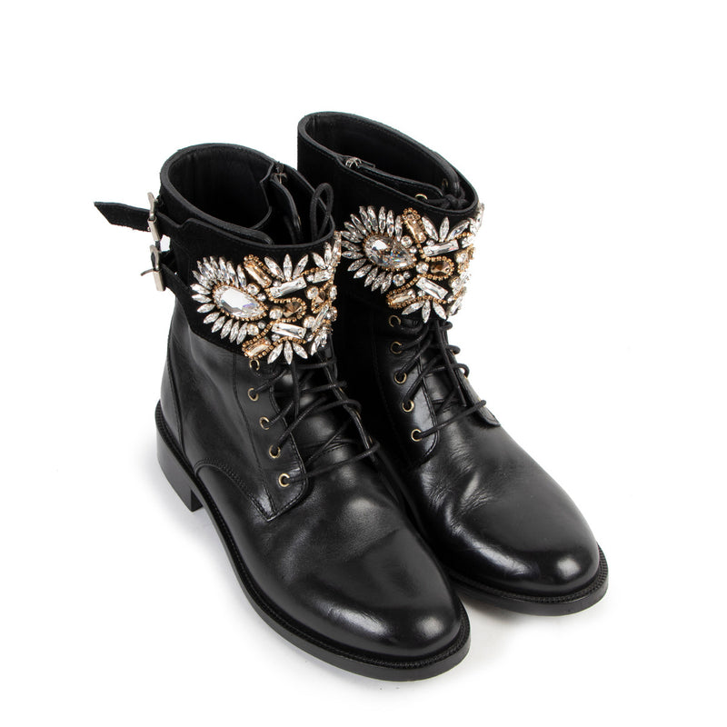 Rene Caovilla Black Crystal Biker Boots - Size 38,5