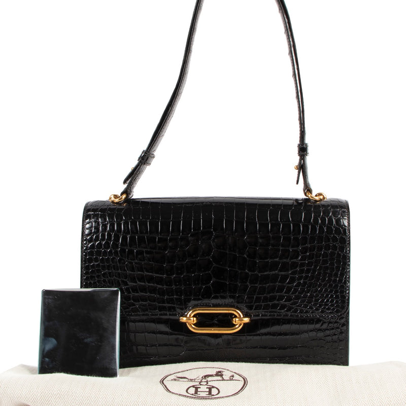 Shop safe online this 100% authentic second hand Hermès Black Porosus Crocodile Vintage Top handle Bag