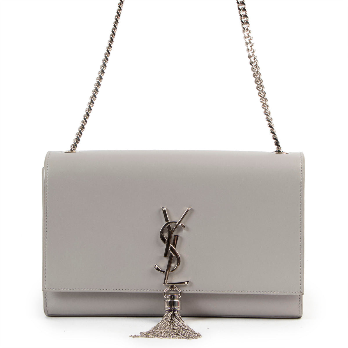Saint Laurent Grey Smooth Calfskin Medium Kate Tassel Crossbody for the best price at Labellov secondhand luxury in Antwerp Belgium