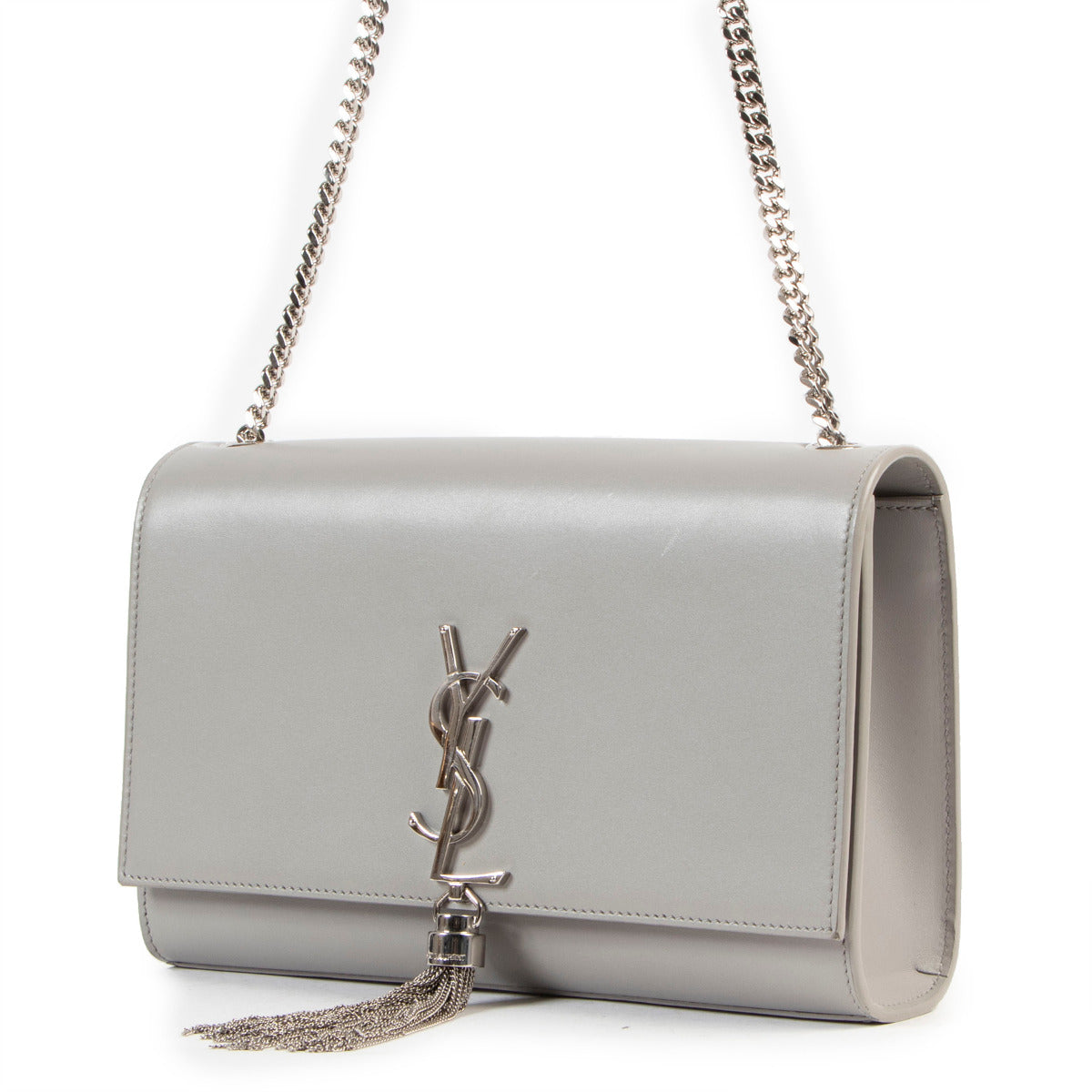 Saint Laurent Grey Smooth Calfskin Medium Kate Tassel Crossbody for the best price at Labellov secondhand luxury in Antwerp.