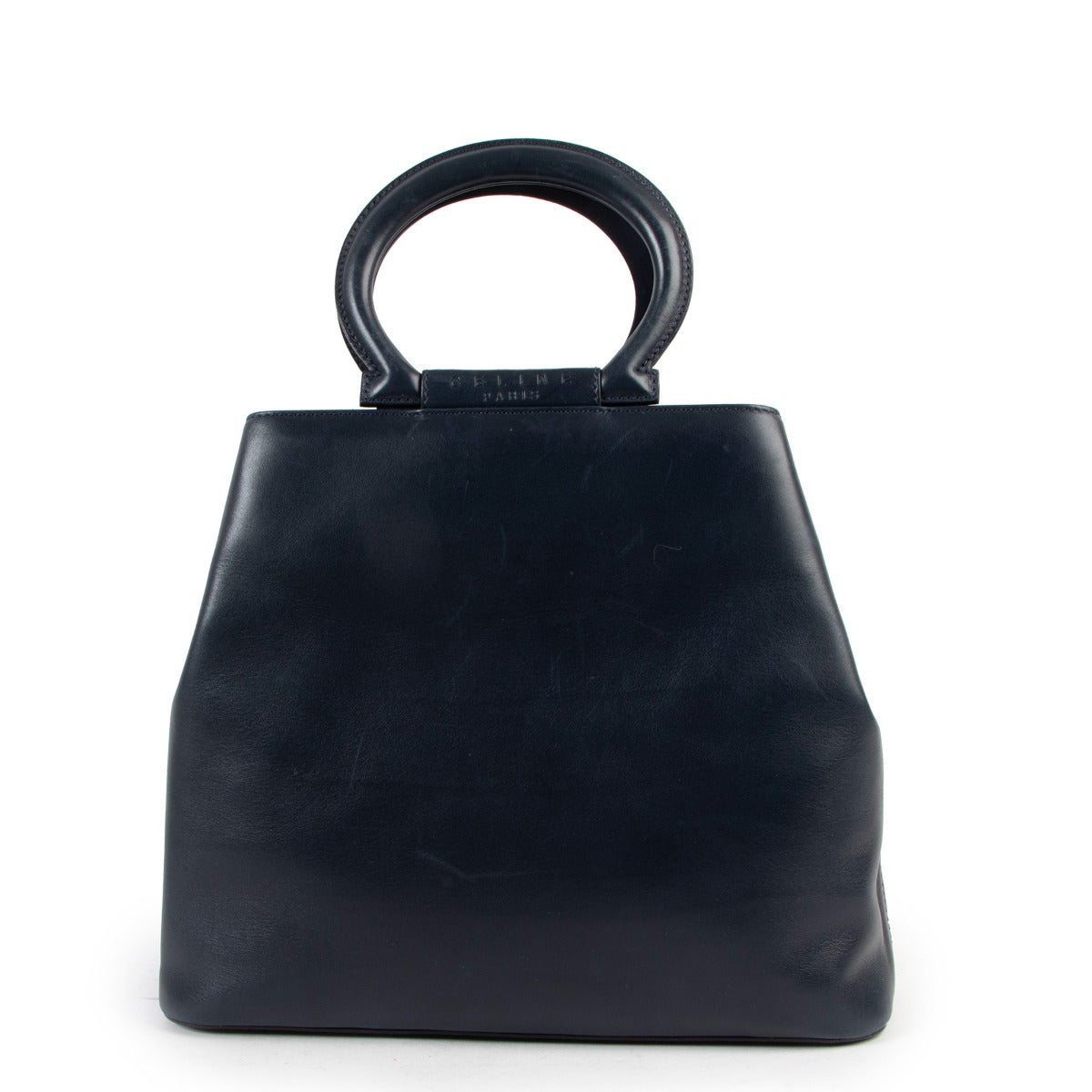 Celine Vintage Round Handle Dark Blue Leather Tote Bag