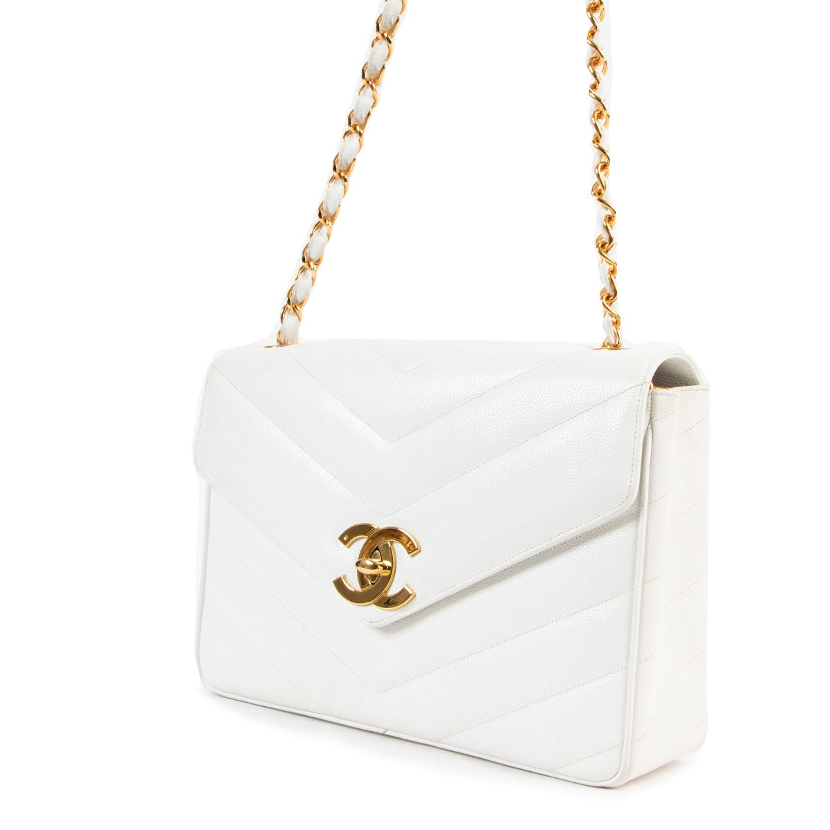 Second hand chanel vintage authentic Chanel White Caviar Quilted Chevron Large Vintage Flap Bag