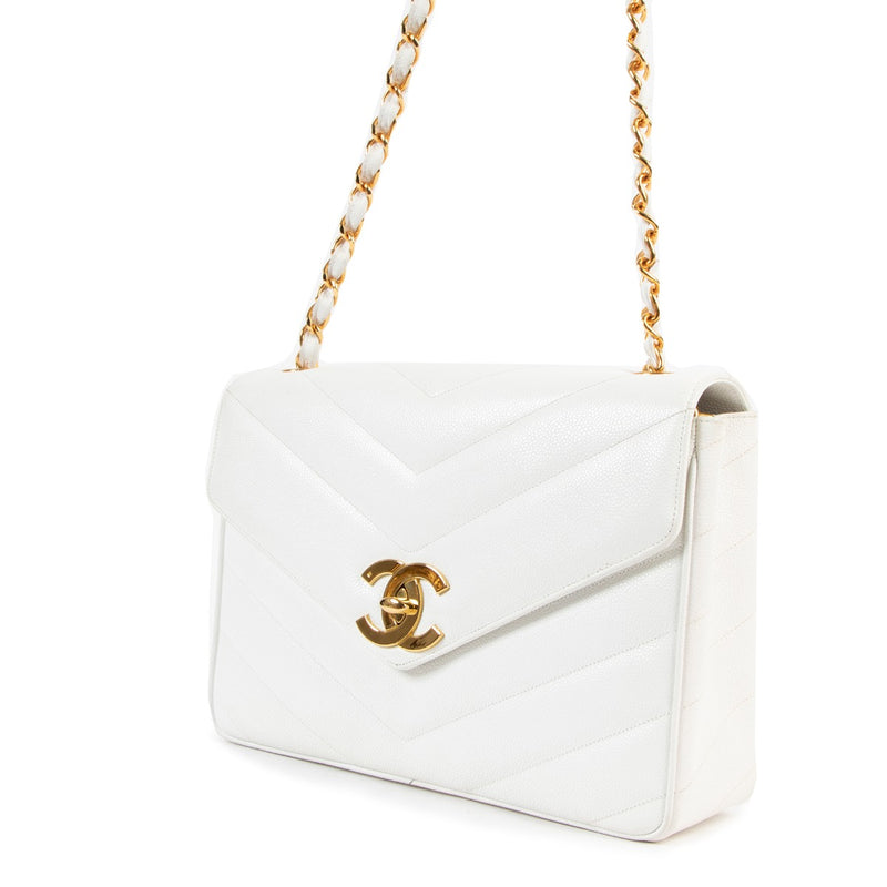 Second hand chanel vintage authentic Chanel White Caviar Quilted Chevron Large Vintage Flap Bag