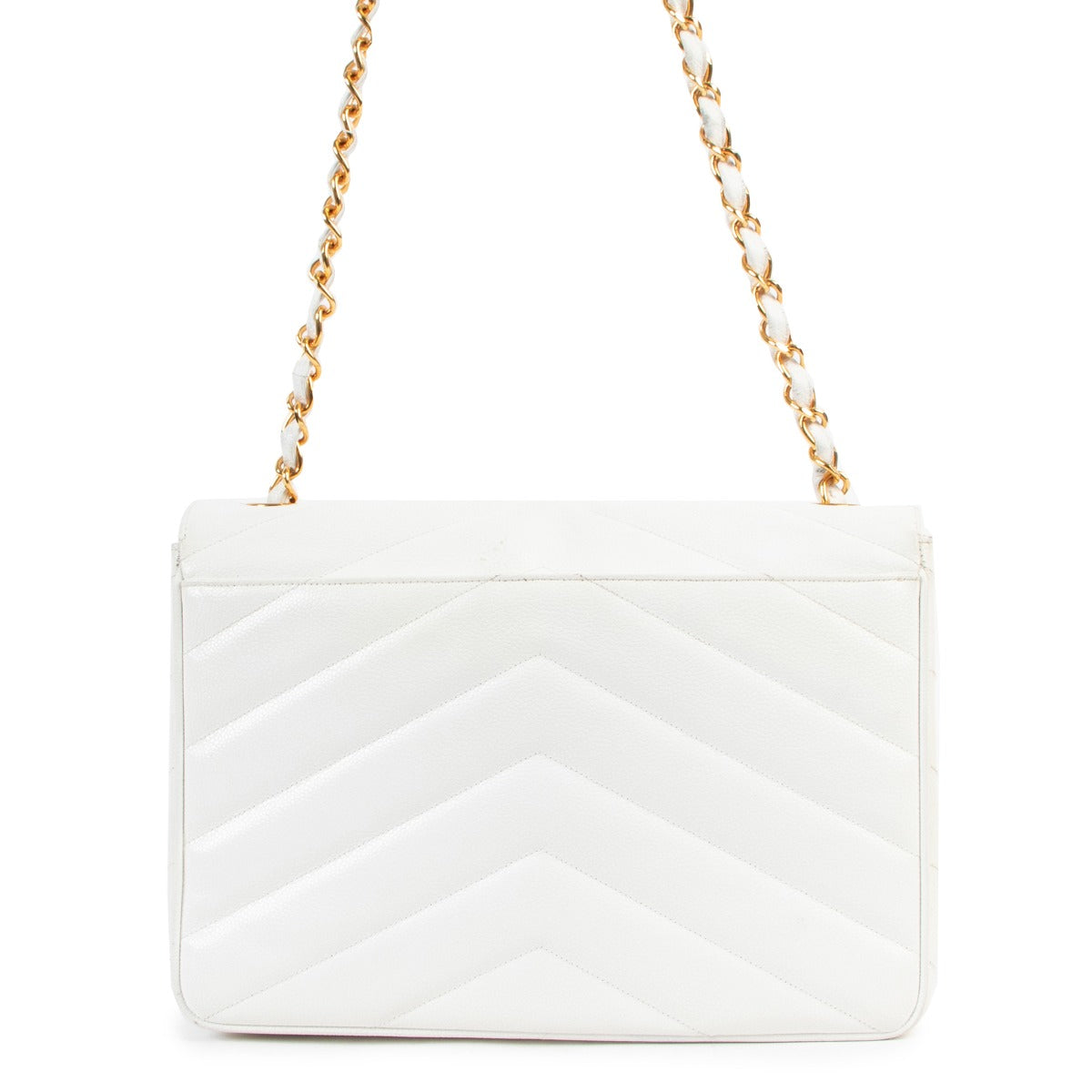 Second hand chanel vintage authentic Chanel White Caviar Quilted Chevron Large Vintage Flap Bag