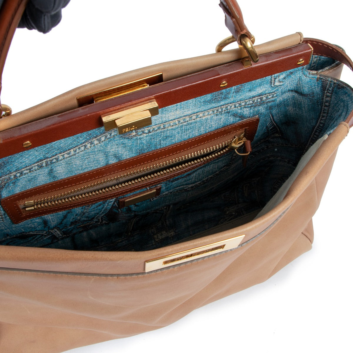 Fendi Beige Peekaboo Large Denim Jeans Print Handbag