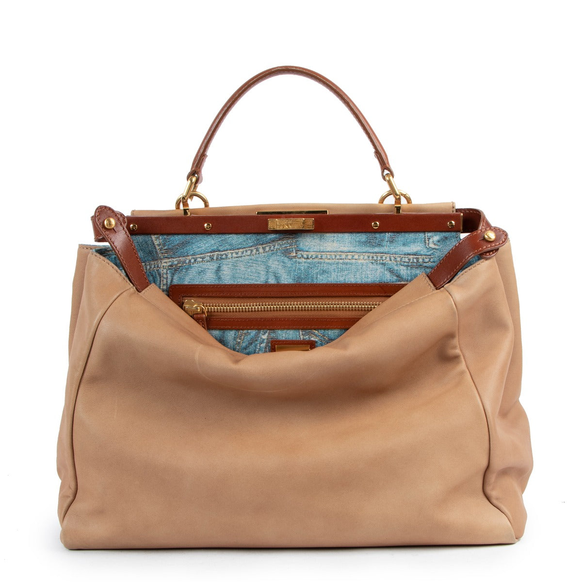 Fendi Beige Peekaboo Large Denim Jeans Print Handbag