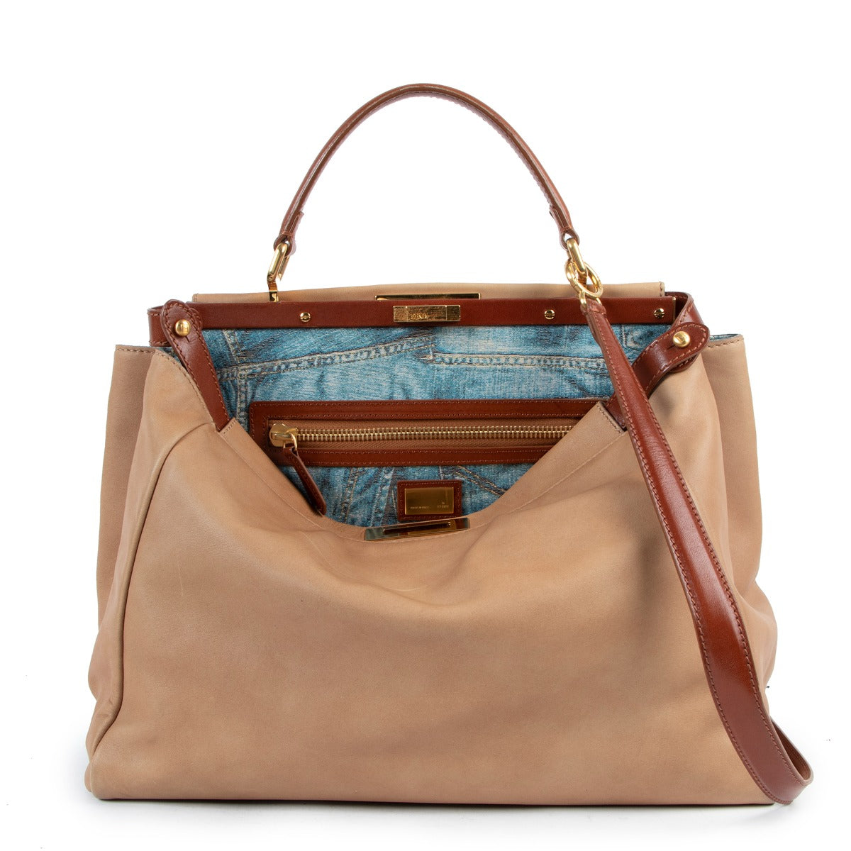 Fendi Beige Peekaboo Large Denim Jeans Print Handbag