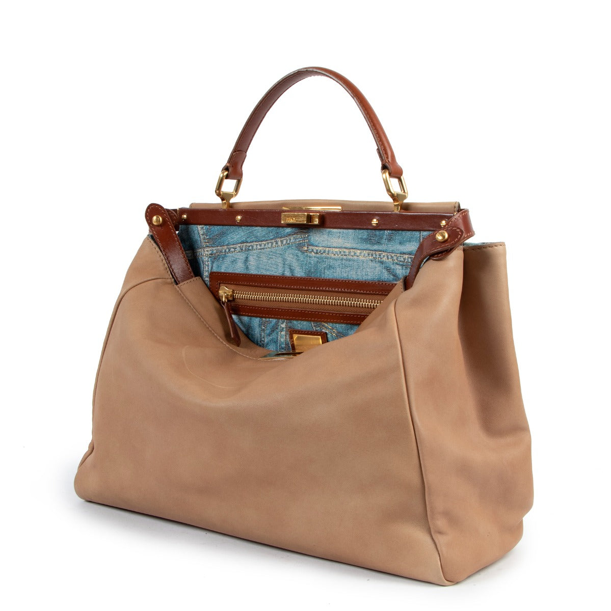 Fendi Beige Peekaboo Large Denim Jeans Print Handbag