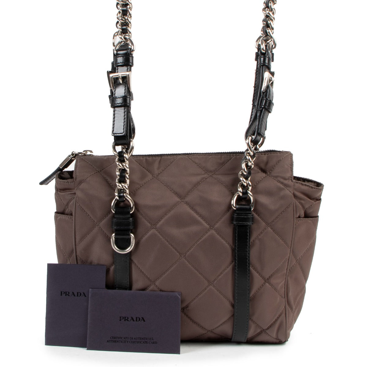 Buy online an authentic second hand Prada grey quilted Tessuto shoulder bag in very good condition at Labellov in Antwerp.
