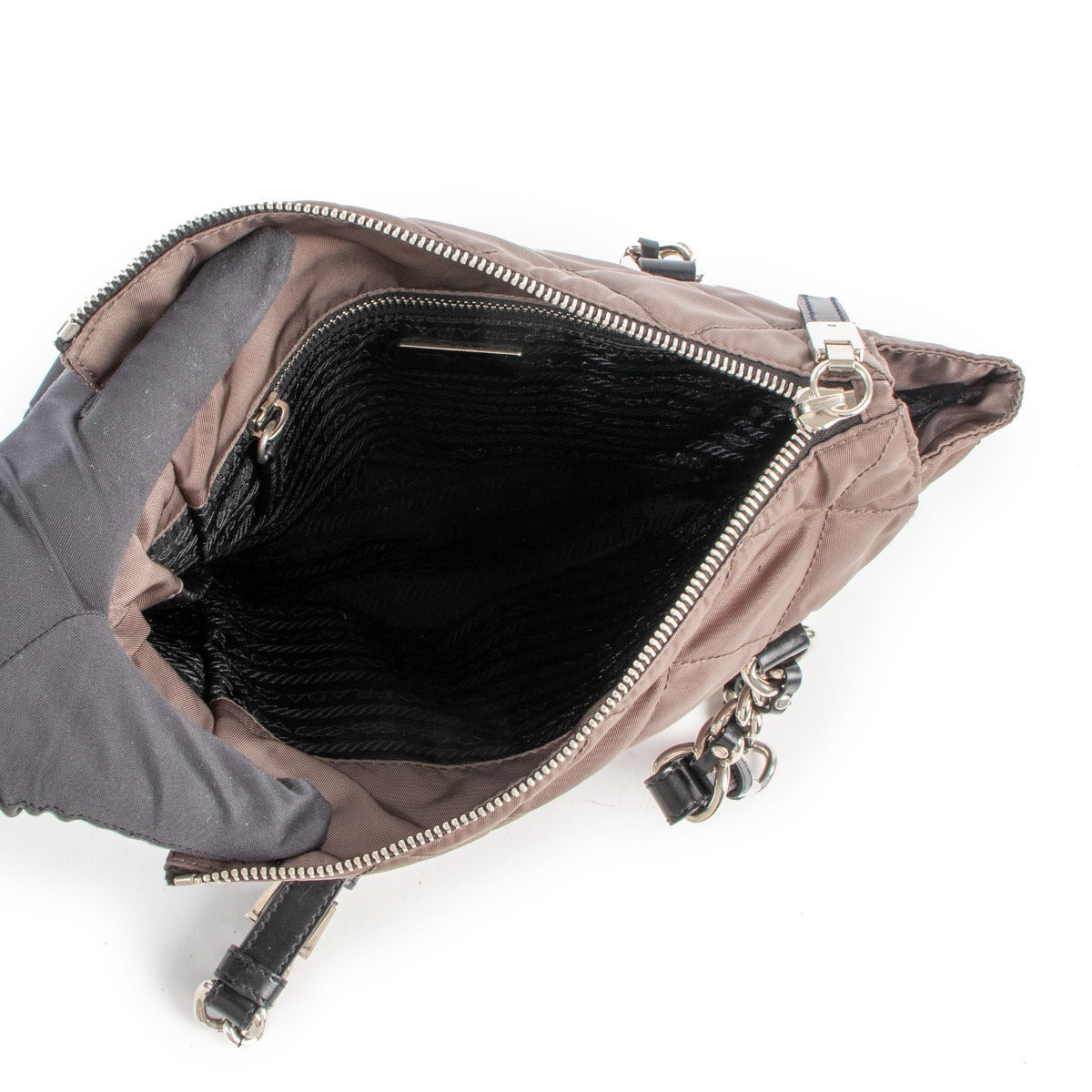 Buy online an authentic second hand Prada grey quilted Tessuto shoulder bag in very good condition at Labellov in Antwerp.