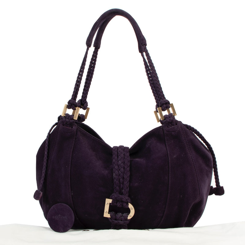 Buy authentic second hand Delvaux Purple Suede Eugene Shoulder Bag in good condition at Labellov in Antwerp.