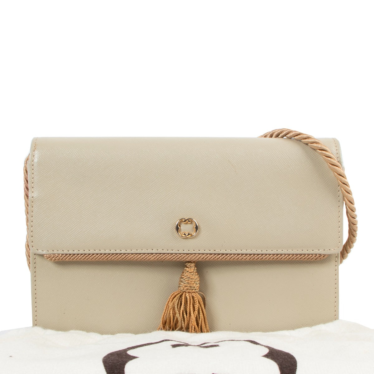 Buy authentic second hand Ferragamo Beige Tassel Rope Strap Flap Crossbody Bag in good condition at Labellov in Antwerp.