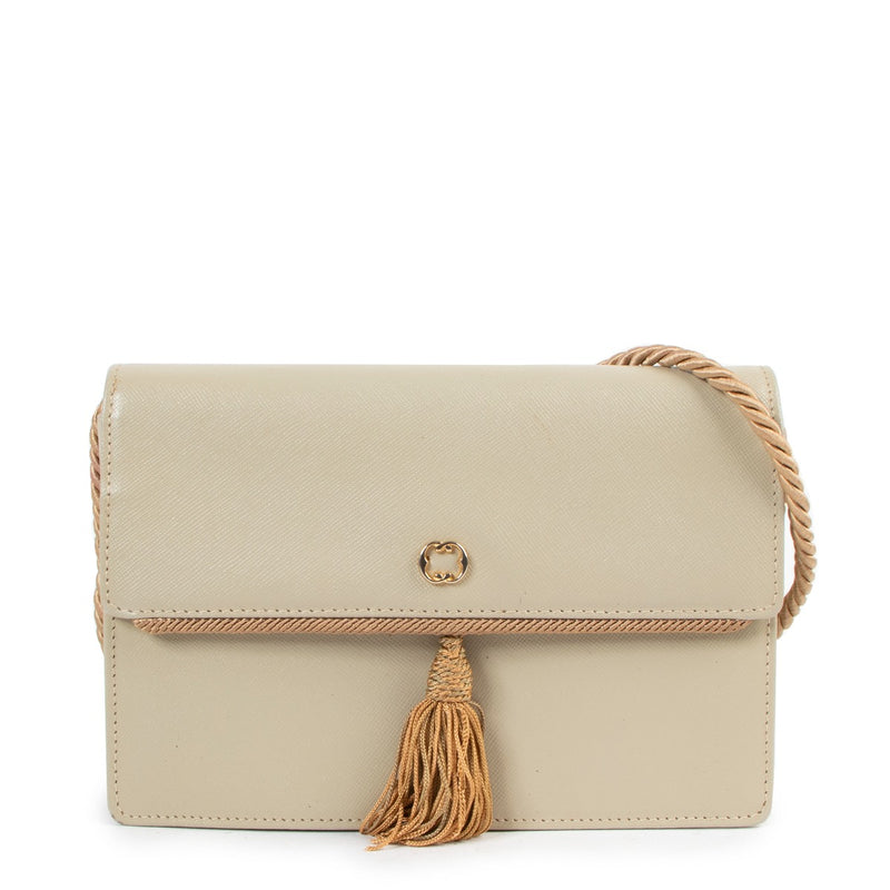 Buy authentic second hand Ferragamo Beige Tassel Rope Strap Flap Crossbody Bag in good condition at Labellov in Antwerp.
