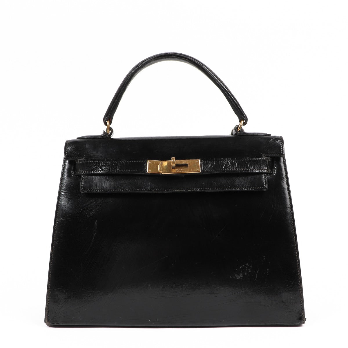 Hermès Vintage Kelly 28 Black Patent Leather Gold Hareware