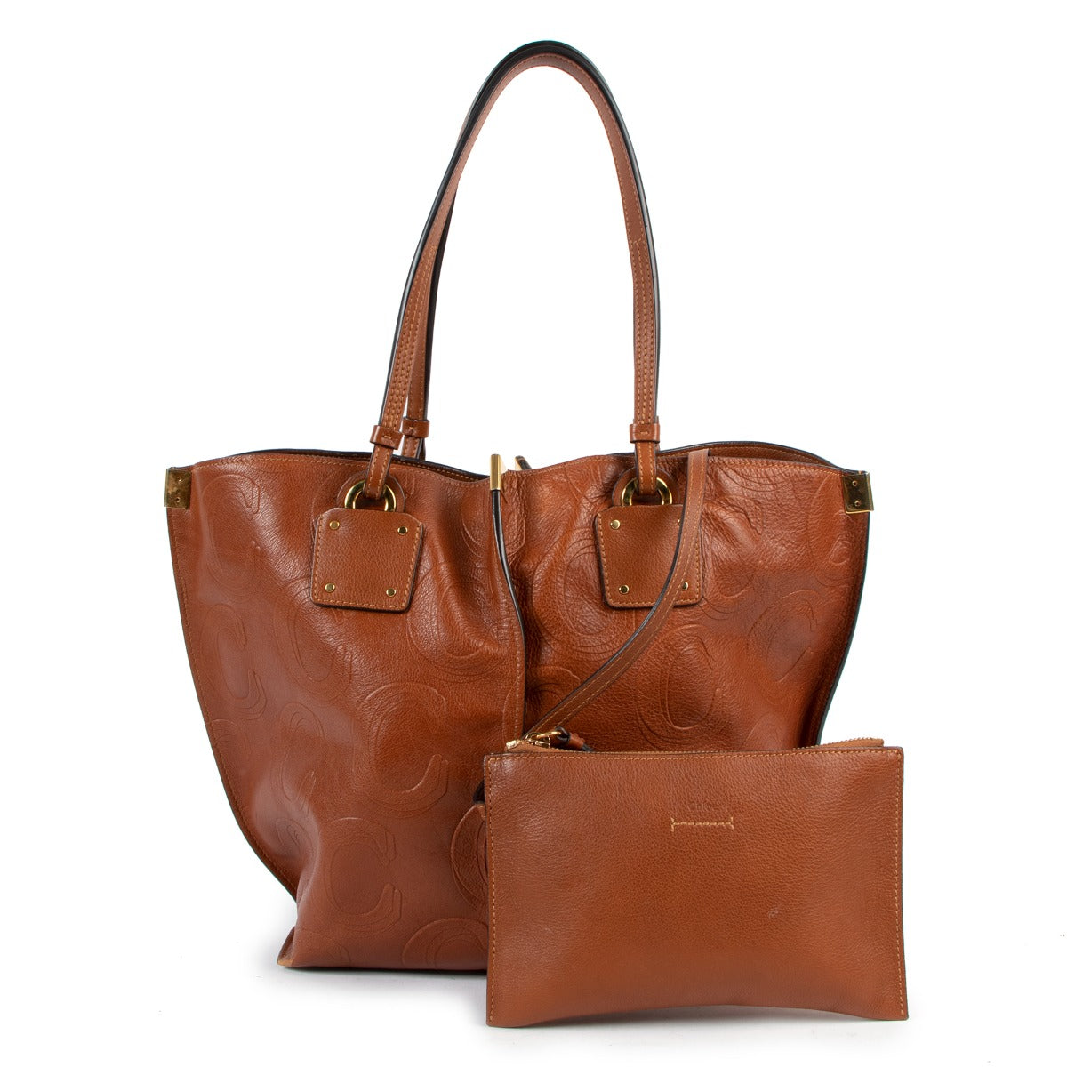 Chloé Cognac Logo Embossed Leather Medium Vick Tote Bag