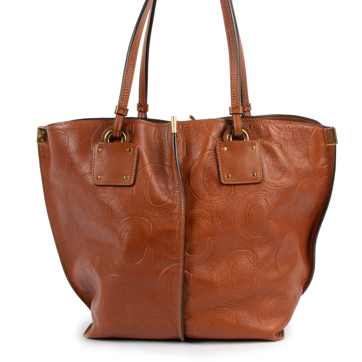 Chloé Cognac Logo Embossed Leather Medium Vick Tote Bag