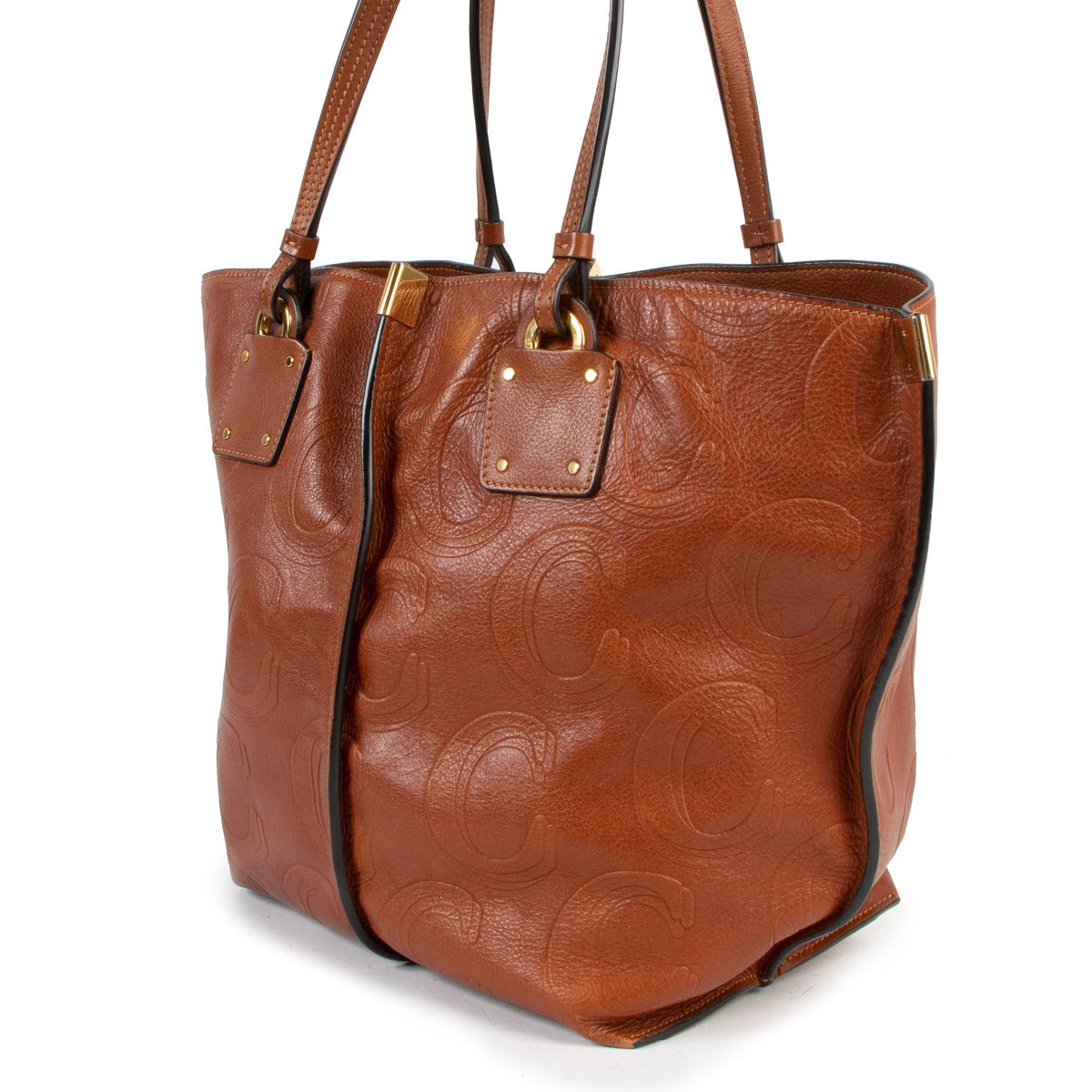 Chloé Cognac Logo Embossed Leather Medium Vick Tote Bag