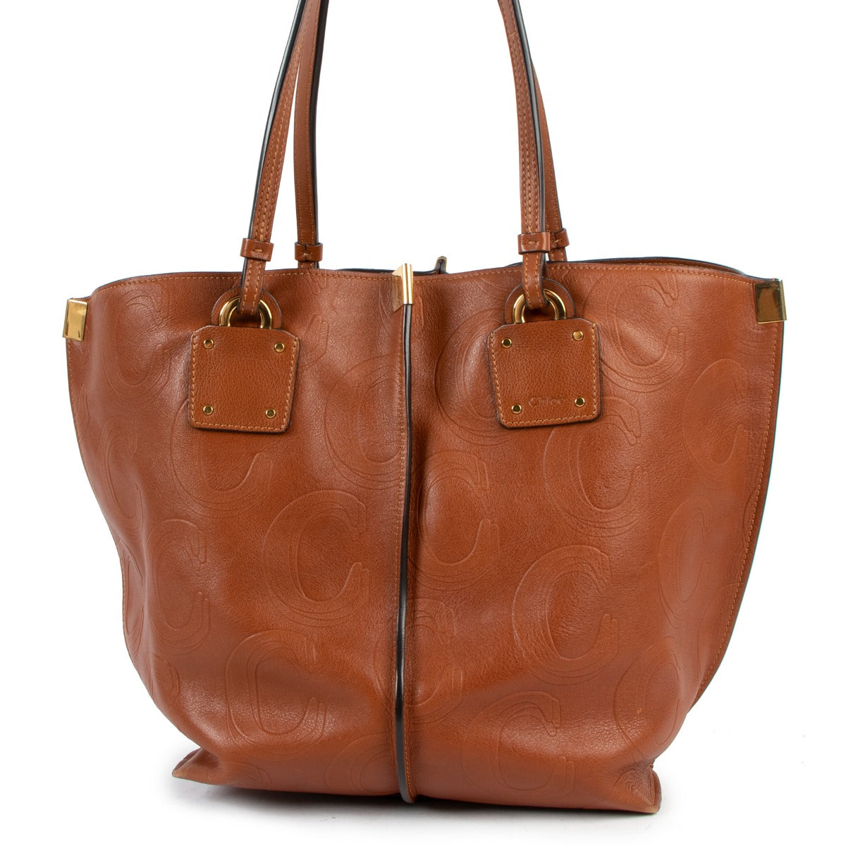 Chloé Cognac Logo Embossed Leather Medium Vick Tote Bag
