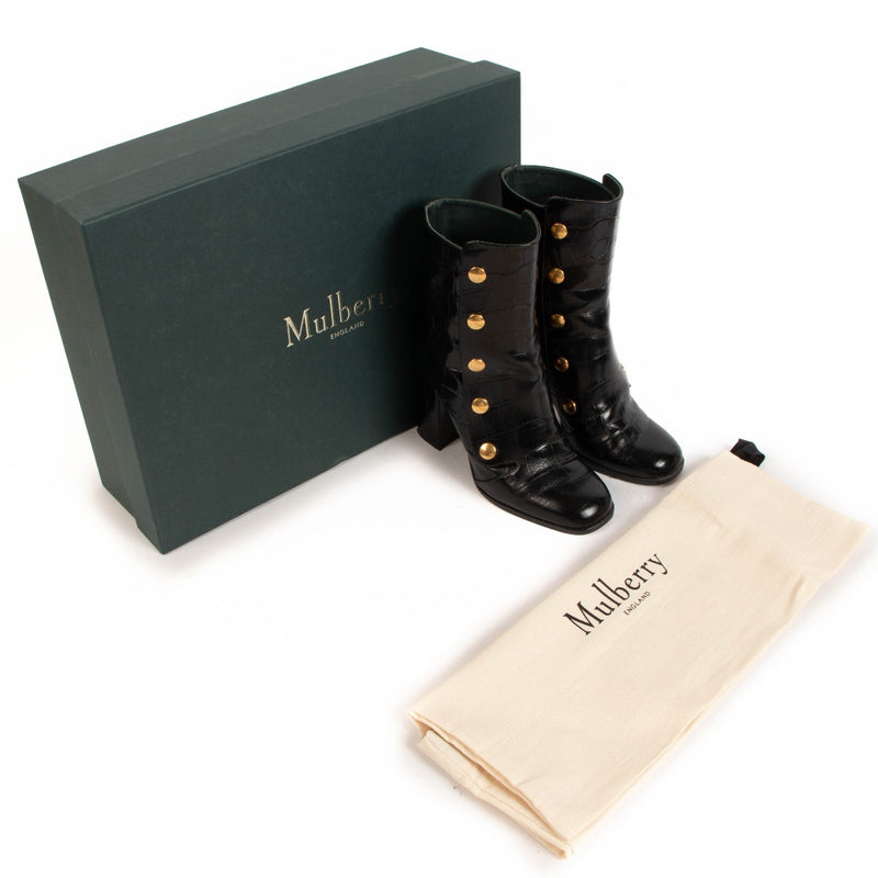 Shop safe online at Labellov in Antwerp, Brussel and Knokke these 100% authentic second hand Mulberry Black Croc Embossed Marylebone Ankle Boots - size 37