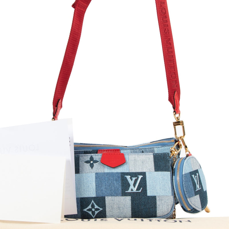 Buy authentic second hand Louis Vuitton Multi Pochette Accessoires Patchwork Denim Blue Red Crossbody Bag at Labellov in Antwerp.