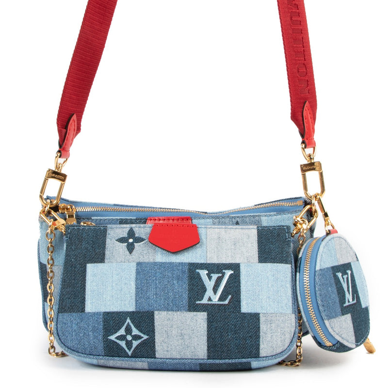 Buy authentic second hand Louis Vuitton Multi Pochette Accessoires Patchwork Denim Blue Red Crossbody Bag at Labellov in Antwerp.