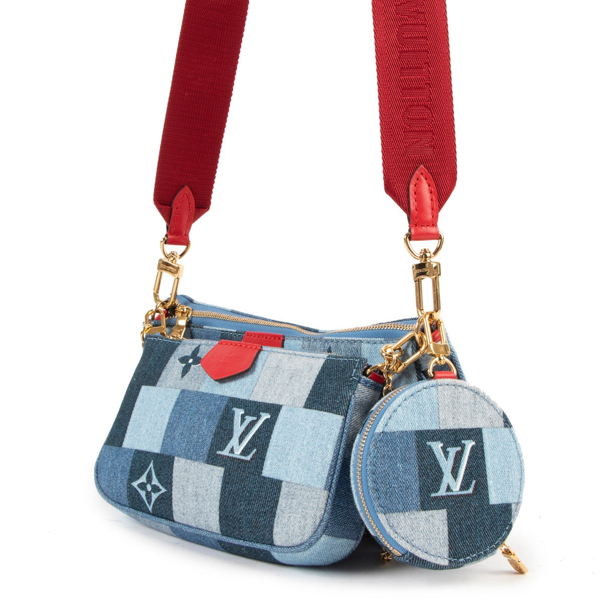 Buy authentic second hand Louis Vuitton Multi Pochette Accessoires Patchwork Denim Blue Red Crossbody Bag at Labellov in Antwerp.