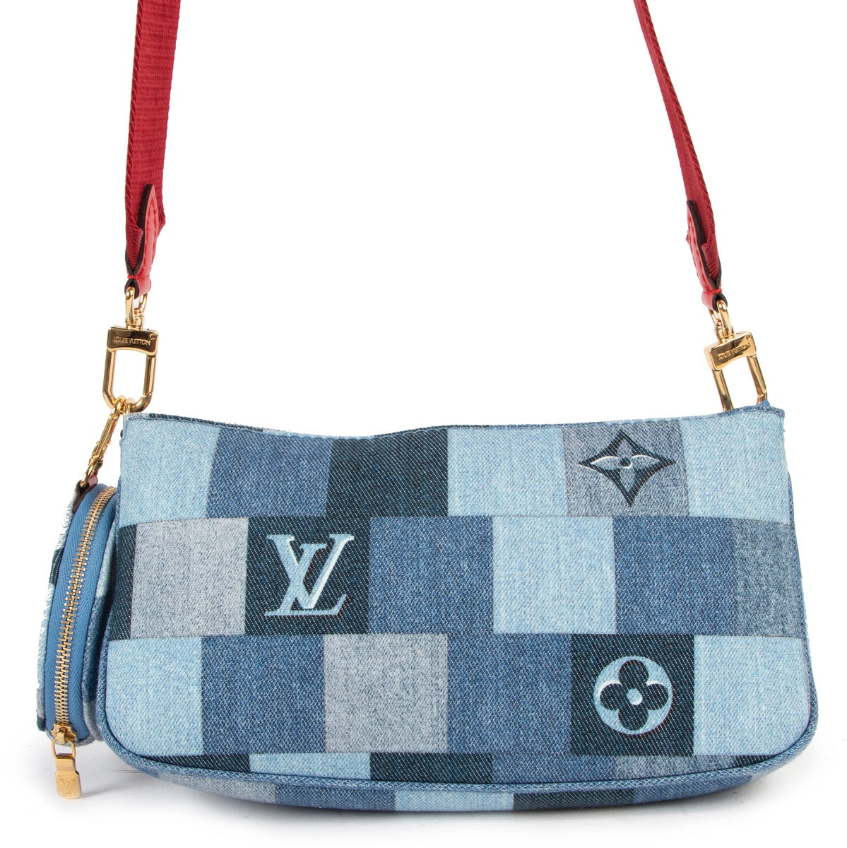 Buy authentic second hand Louis Vuitton Multi Pochette Accessoires Patchwork Denim Blue Red Crossbody Bag at Labellov in Antwerp.