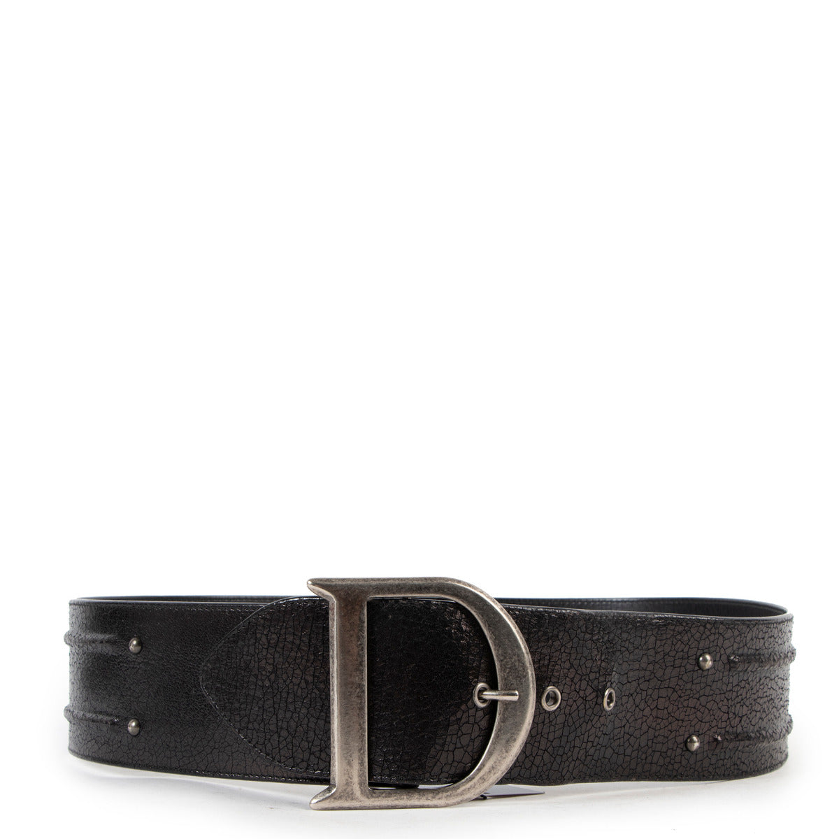 Christian Dior D Buckle Black Aged Leather Belt - Size 90