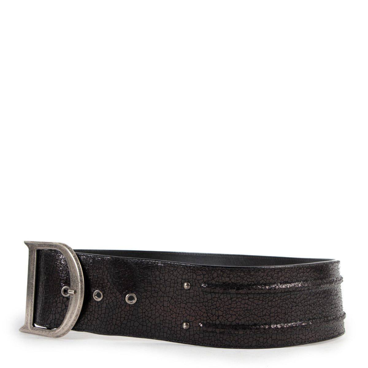 Christian Dior D Buckle Black Aged Leather Belt - Size 90