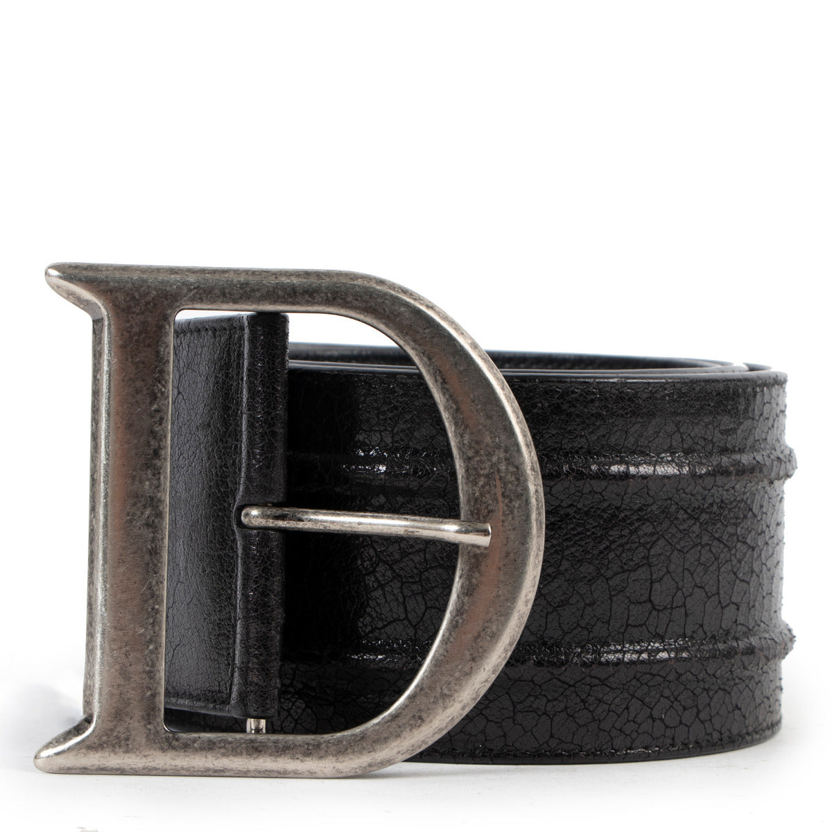 Vintage Christian Dior D Buckle Black Cracked Leather Belt