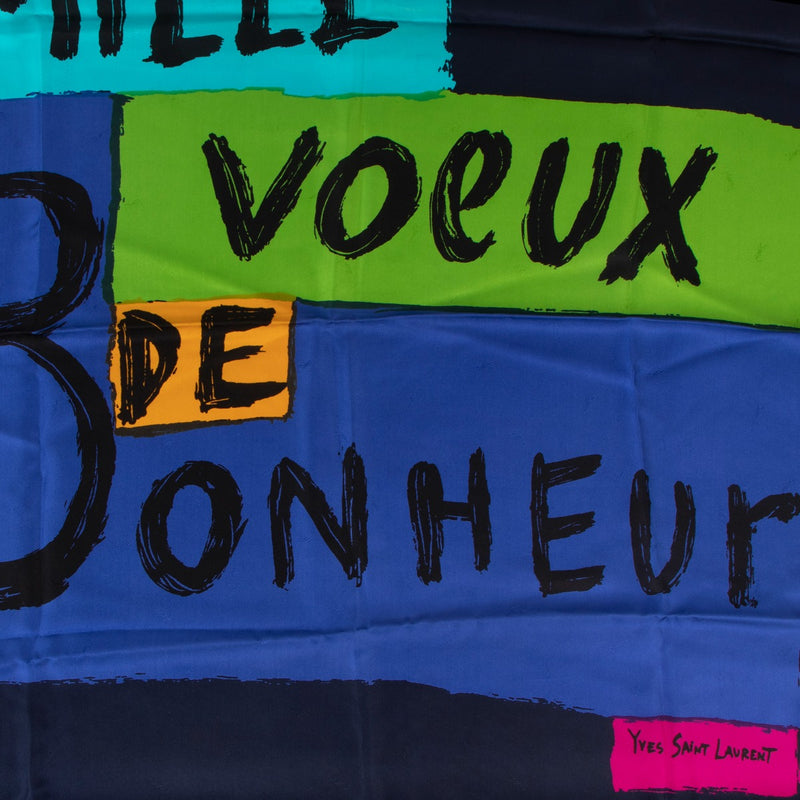 Yves Saint Laurent Navy Blue 'Mille Voeux de Bonheur' Silk Scarf